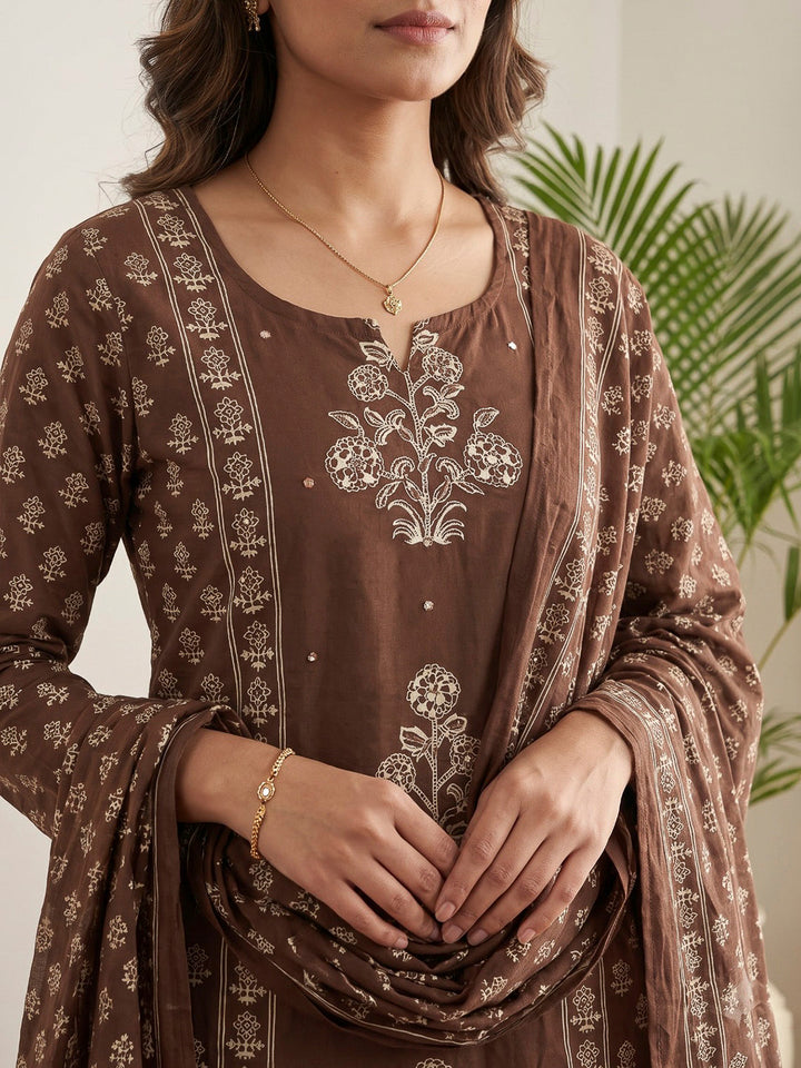 Brown Printed Cotton Blend Kurta With Pant &amp; Dupatta