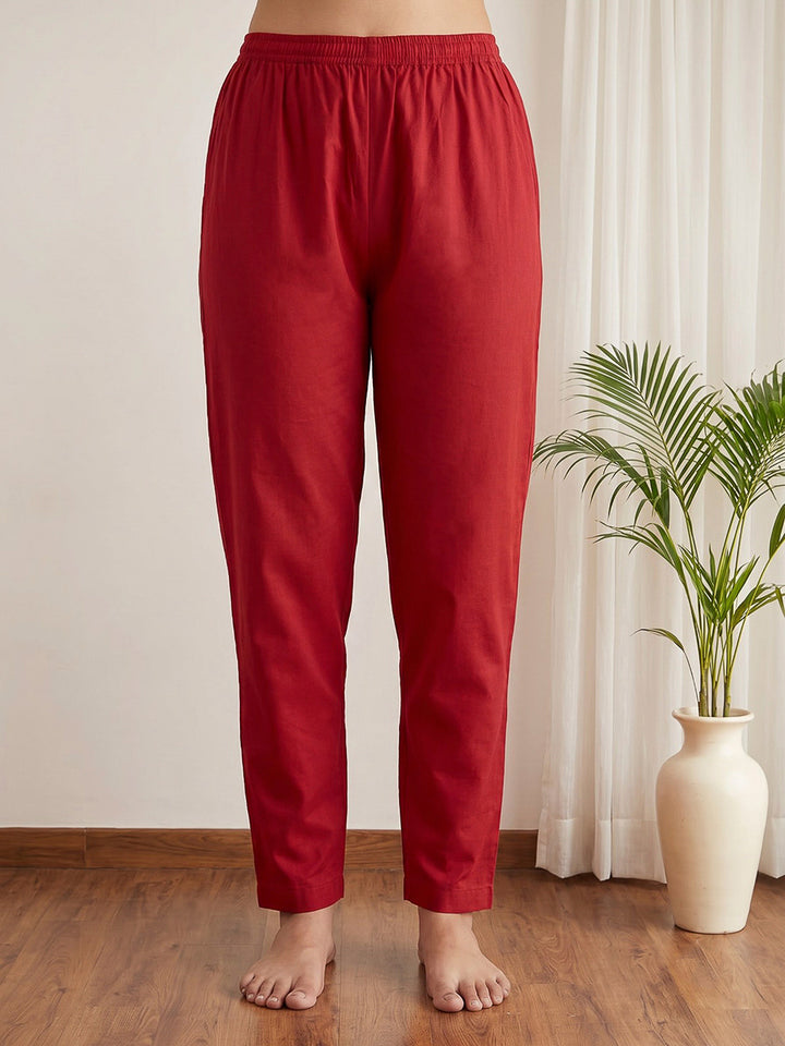 Red Printed Cotton Blend Kurta With Pant &amp; Dupatta