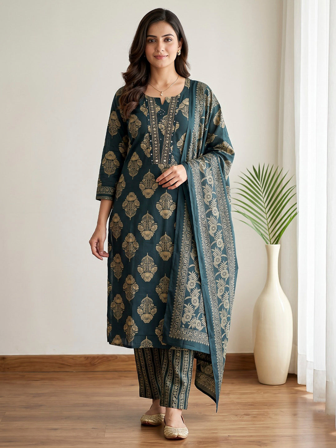 Blue Printed Cotton Blend Kurta With Pant &amp; Dupatta