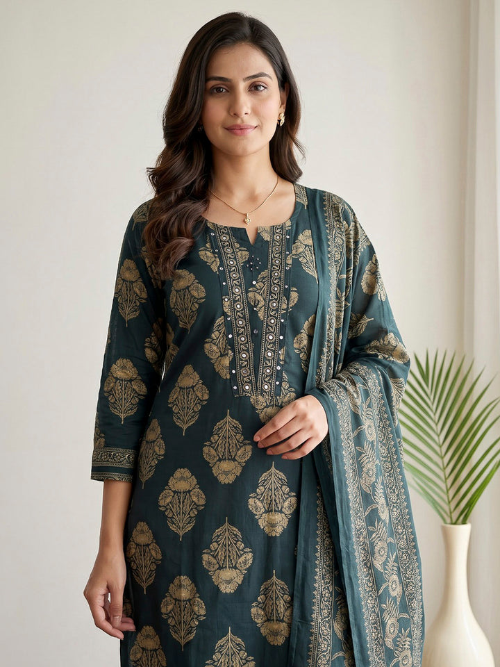 Blue Printed Cotton Blend Kurta With Pant &amp; Dupatta