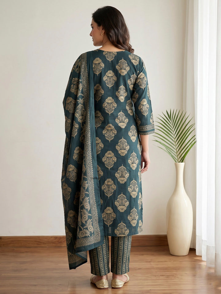 Blue Printed Cotton Blend Kurta With Pant &amp; Dupatta