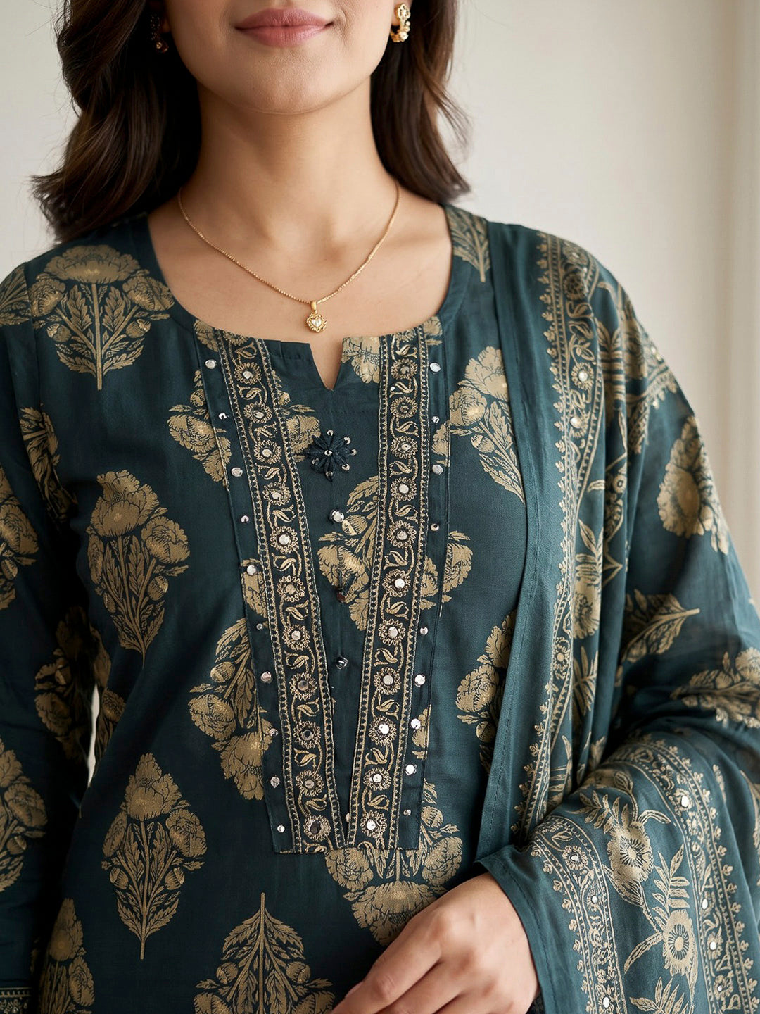 Blue Printed Cotton Blend Kurta With Pant &amp; Dupatta