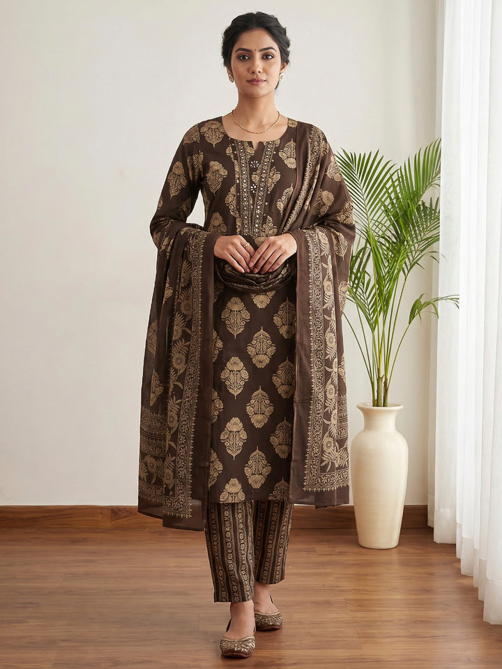 Brown Printed Cotton Blend Kurta With Pant &amp; Dupatta
