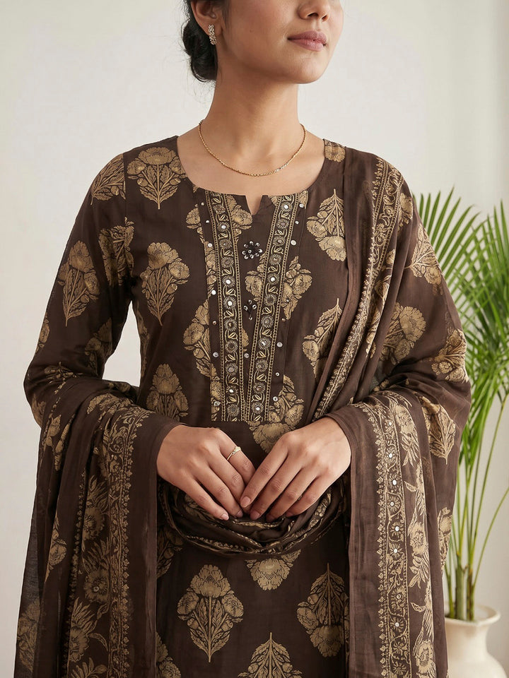 Brown Printed Cotton Blend Kurta With Pant &amp; Dupatta
