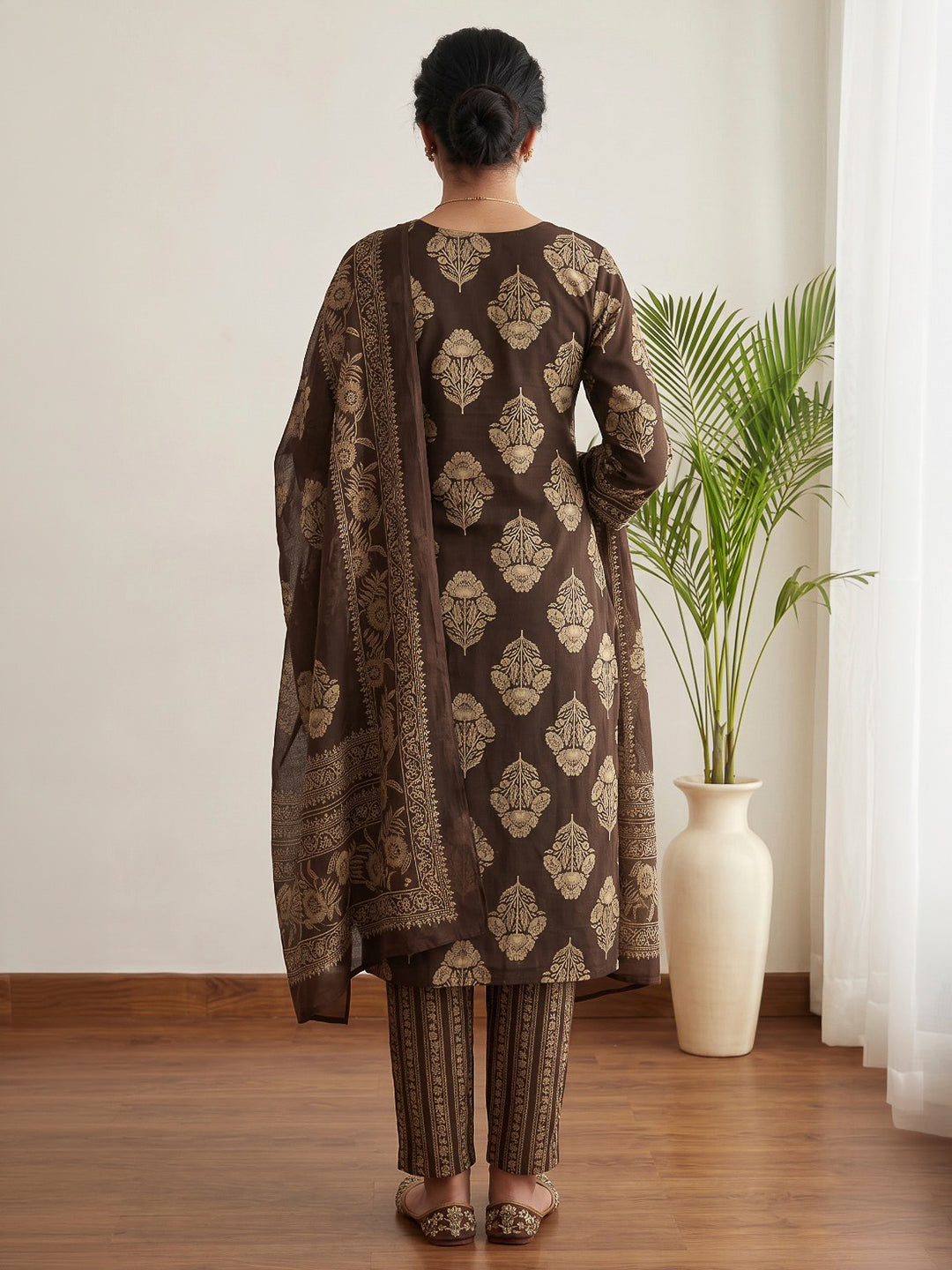 Brown Printed Cotton Blend Kurta With Pant &amp; Dupatta