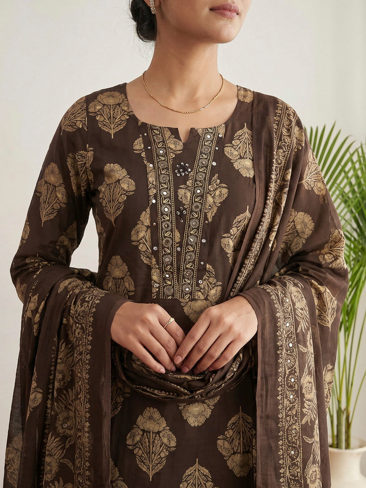 Brown Printed Cotton Blend Kurta With Pant &amp; Dupatta