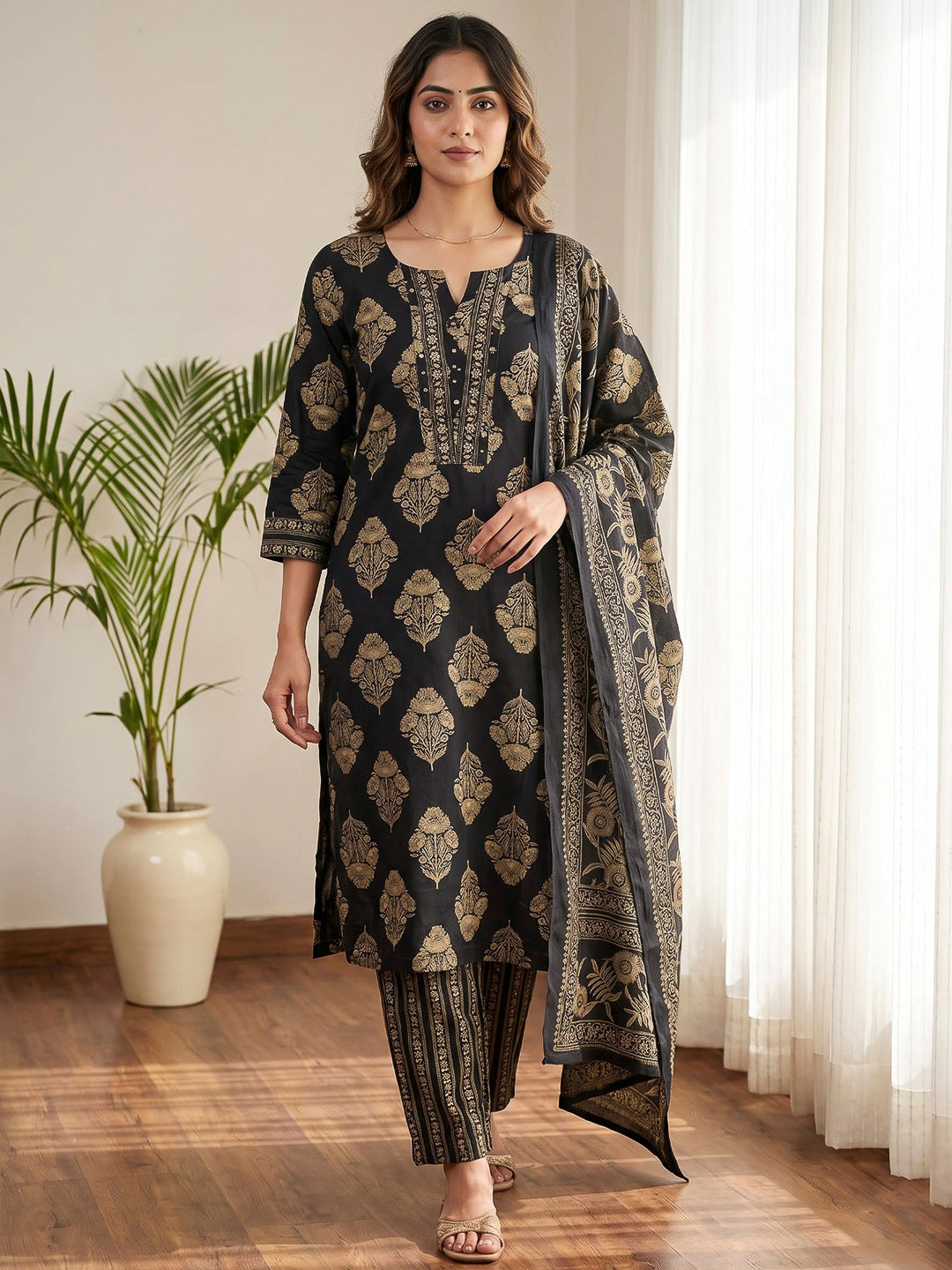 Navy Blue Printed Cotton Blend Kurta With Pant &amp; Dupatta