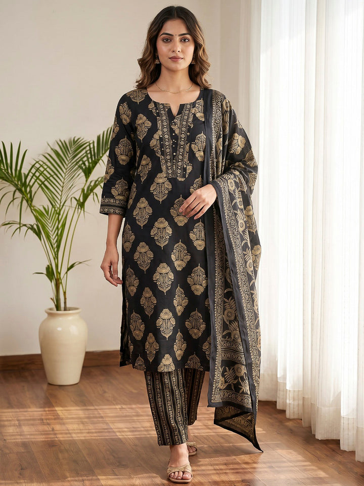 Navy Blue Printed Cotton Blend Kurta With Pant &amp; Dupatta