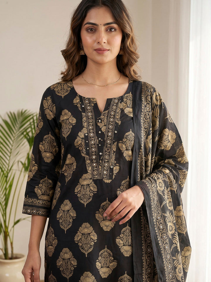 Navy Blue Printed Cotton Blend Kurta With Pant &amp; Dupatta