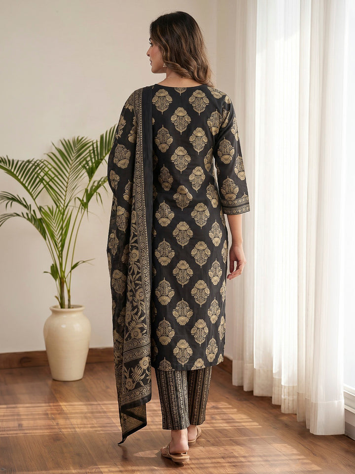 Navy Blue Printed Cotton Blend Kurta With Pant &amp; Dupatta