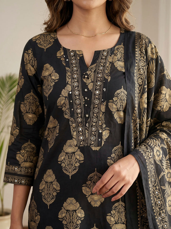 Navy Blue Printed Cotton Blend Kurta With Pant &amp; Dupatta