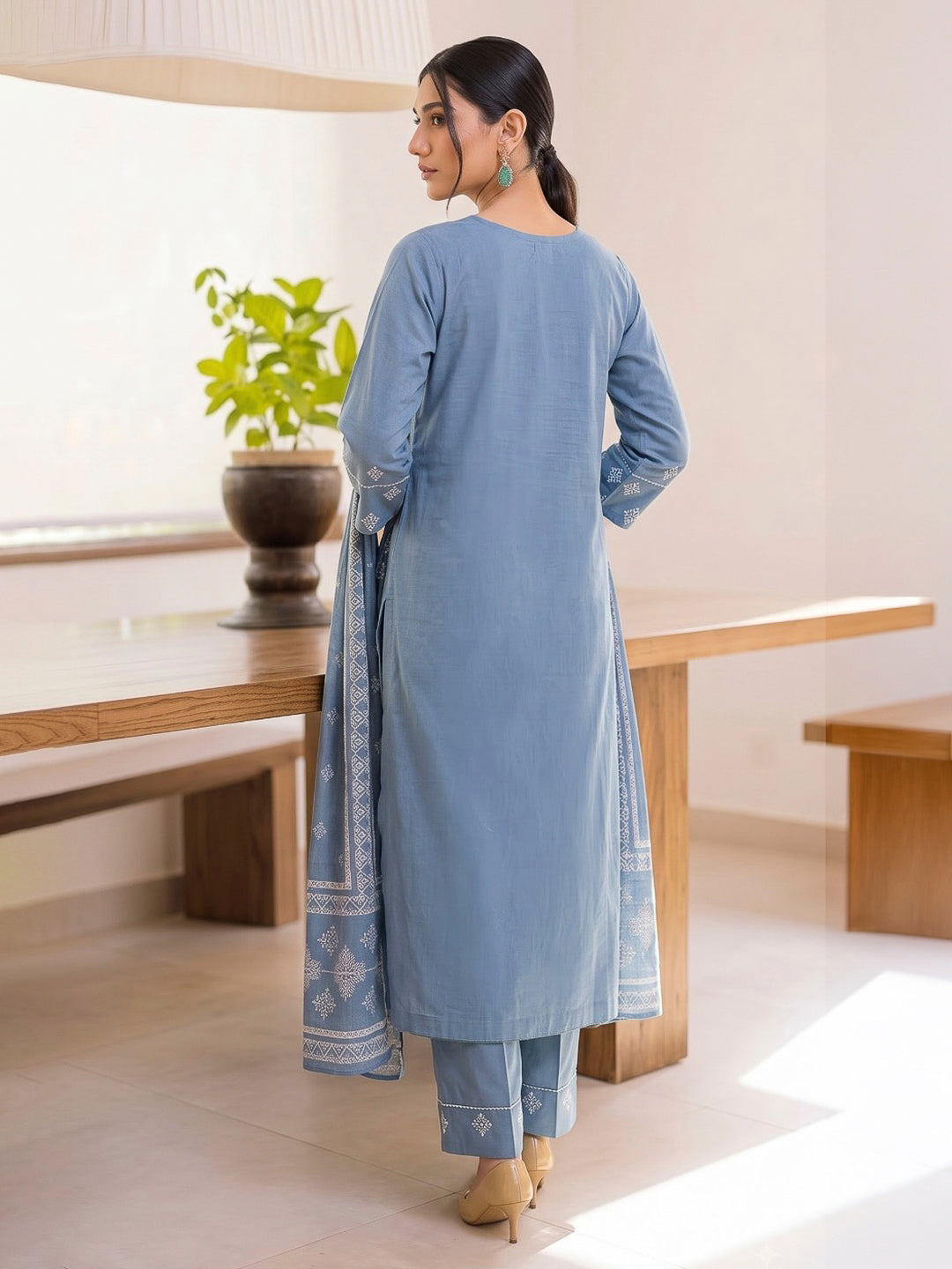 Blue Printed Cotton Blend Kurta With Pant &amp; Dupatta