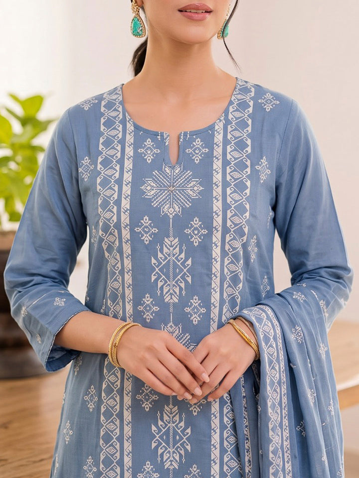 Blue Printed Cotton Blend Kurta With Pant &amp; Dupatta