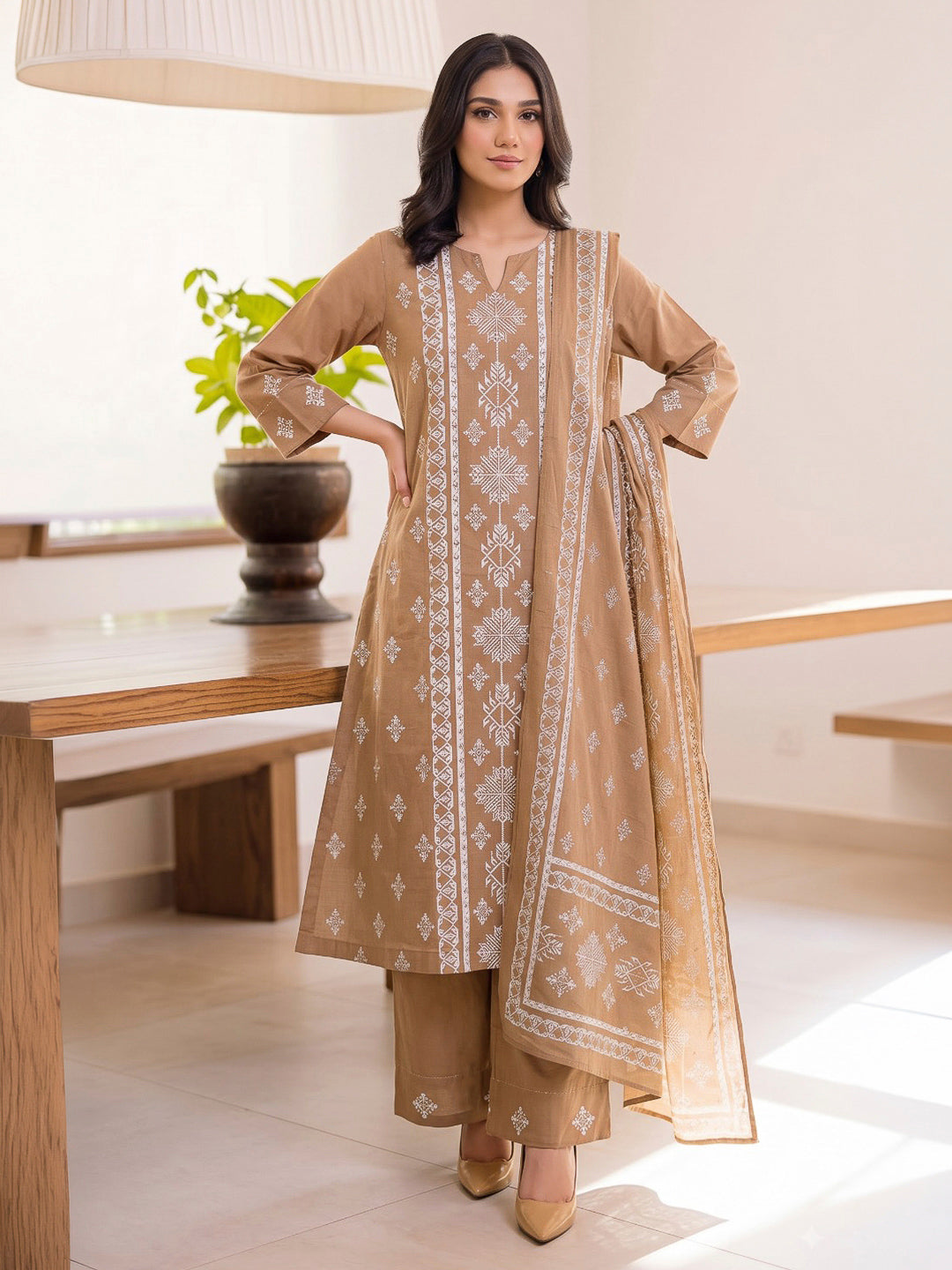 Brown Printed Cotton Blend Kurta With Pant &amp; Dupatta