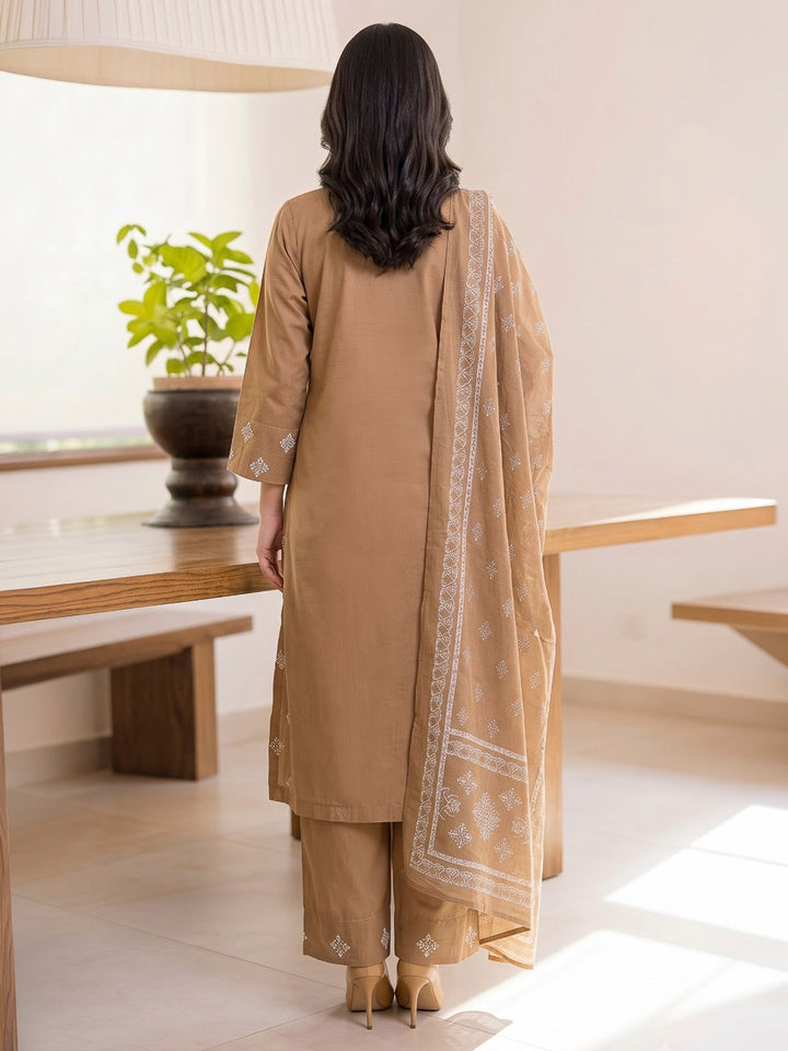Brown Printed Cotton Blend Kurta With Pant &amp; Dupatta