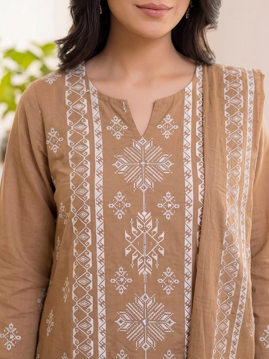 Brown Printed Cotton Blend Kurta With Pant &amp; Dupatta