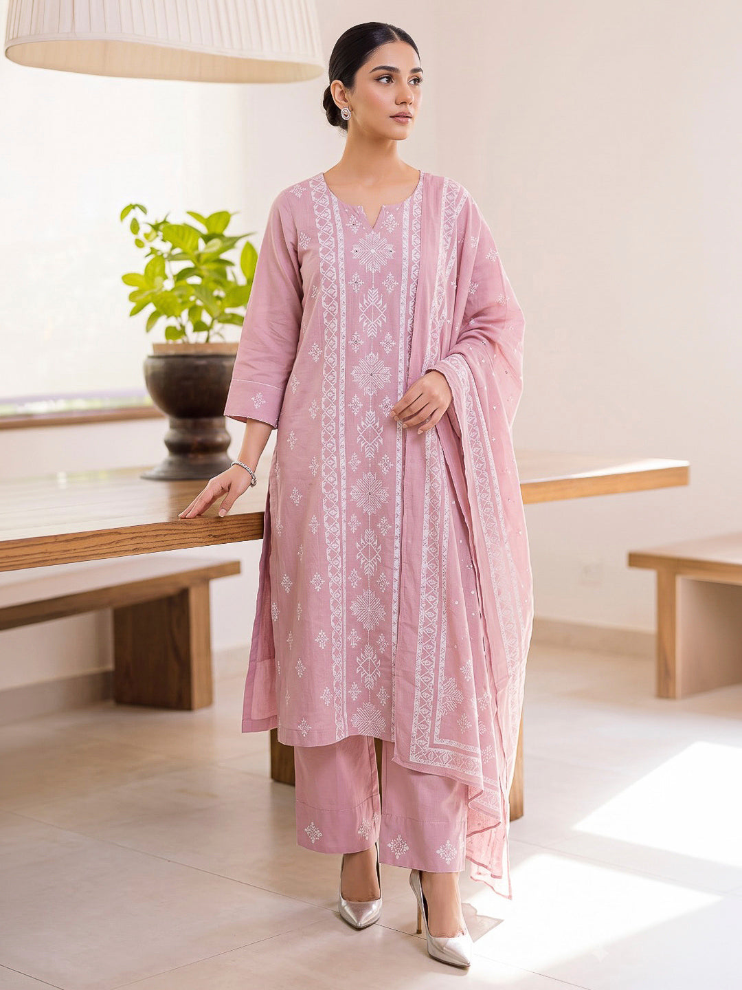 Pink Printed Cotton Blend Kurta With Pant &amp; Dupatta