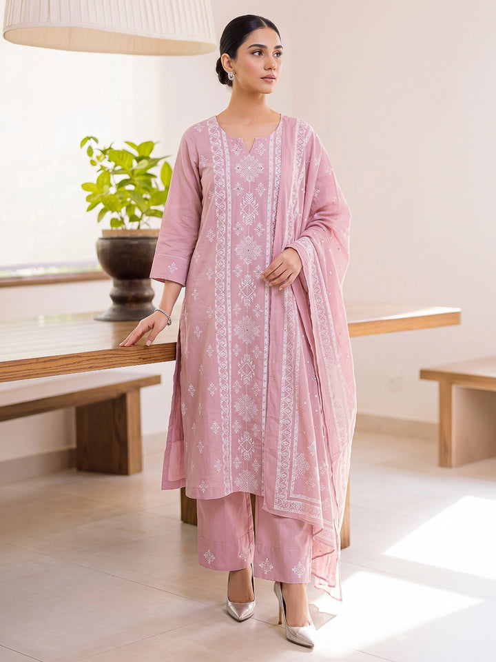 Pink Printed Cotton Blend Kurta With Pant &amp; Dupatta