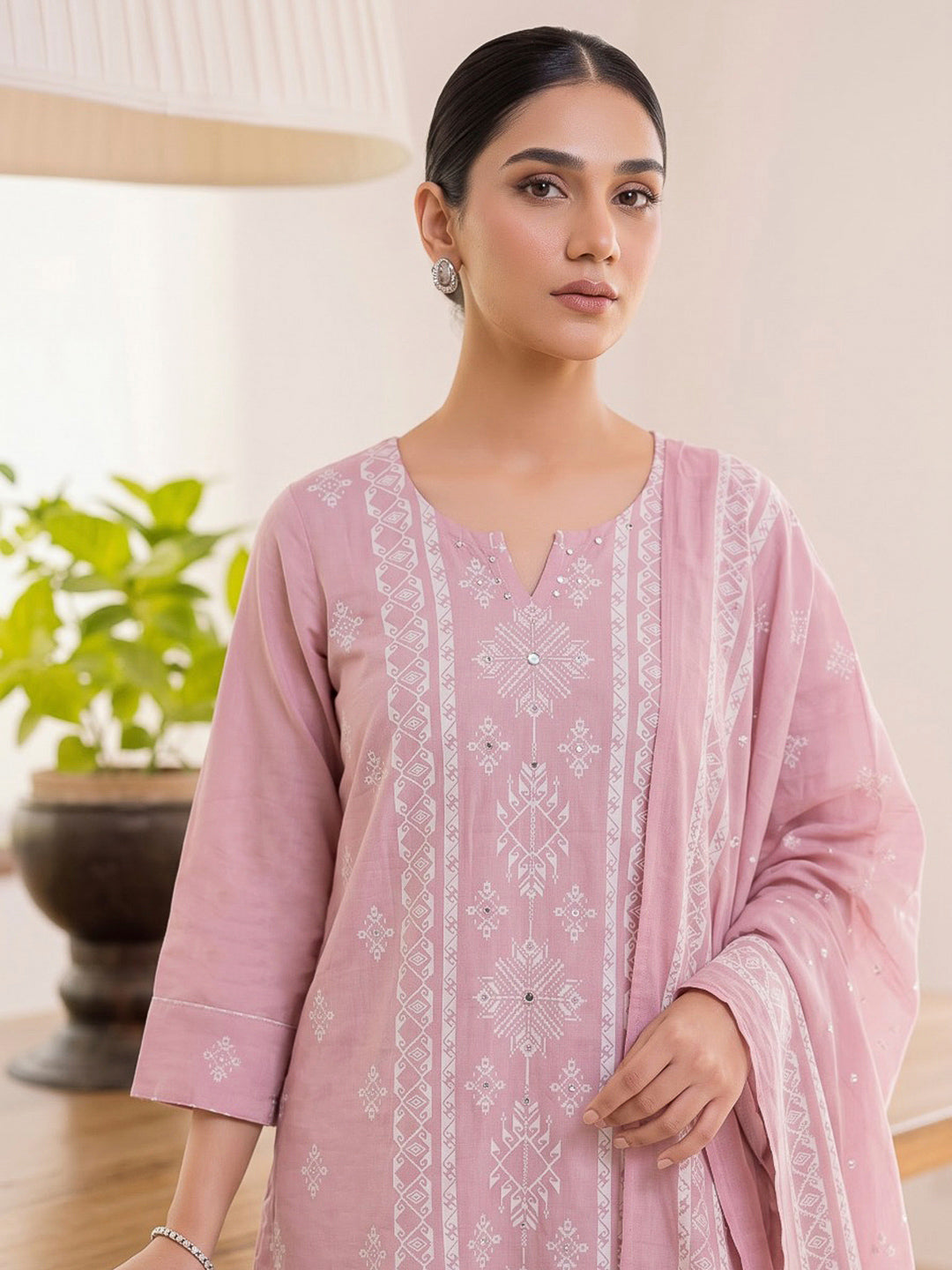 Pink Printed Cotton Blend Kurta With Pant &amp; Dupatta