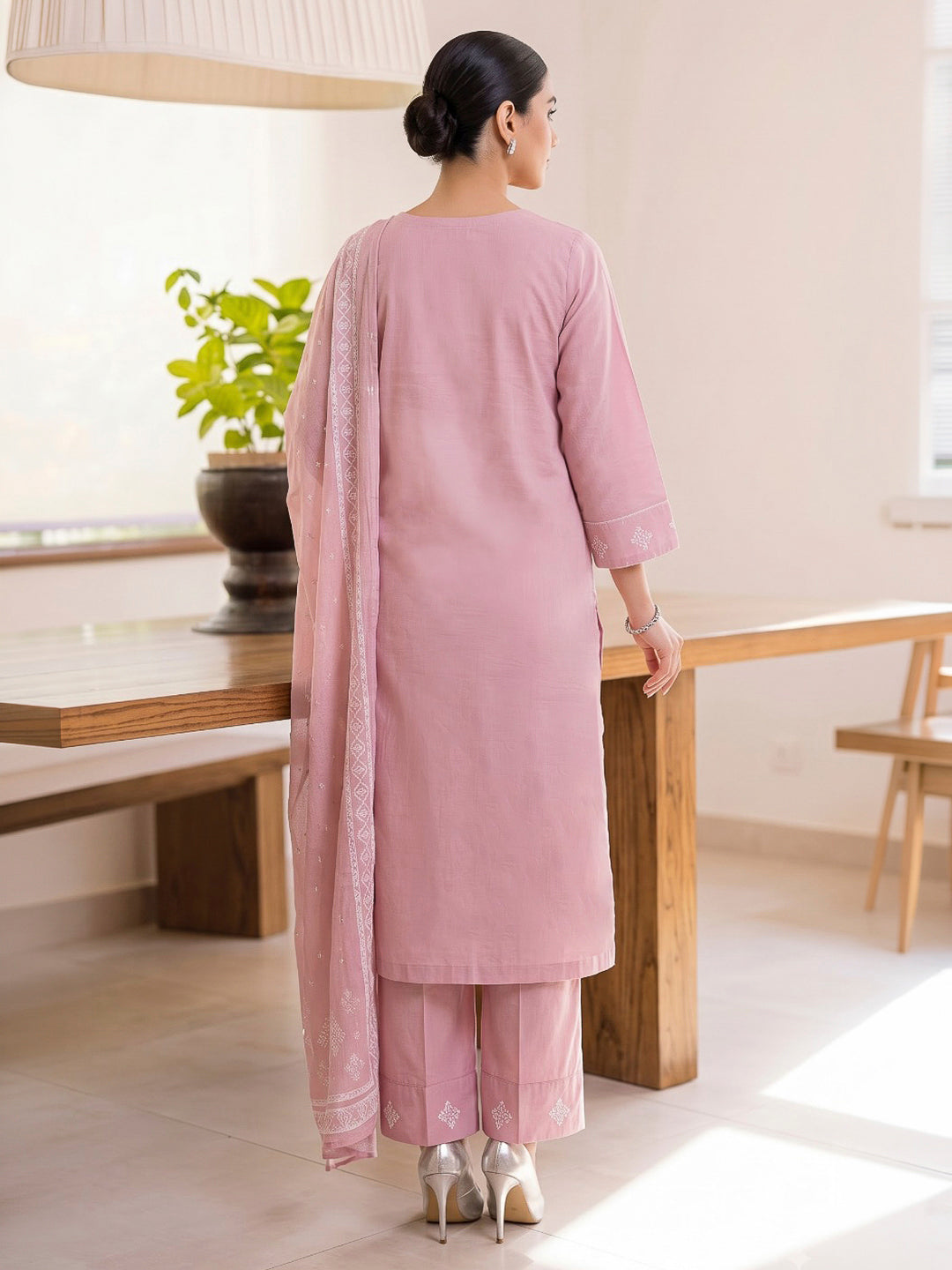 Pink Printed Cotton Blend Kurta With Pant &amp; Dupatta