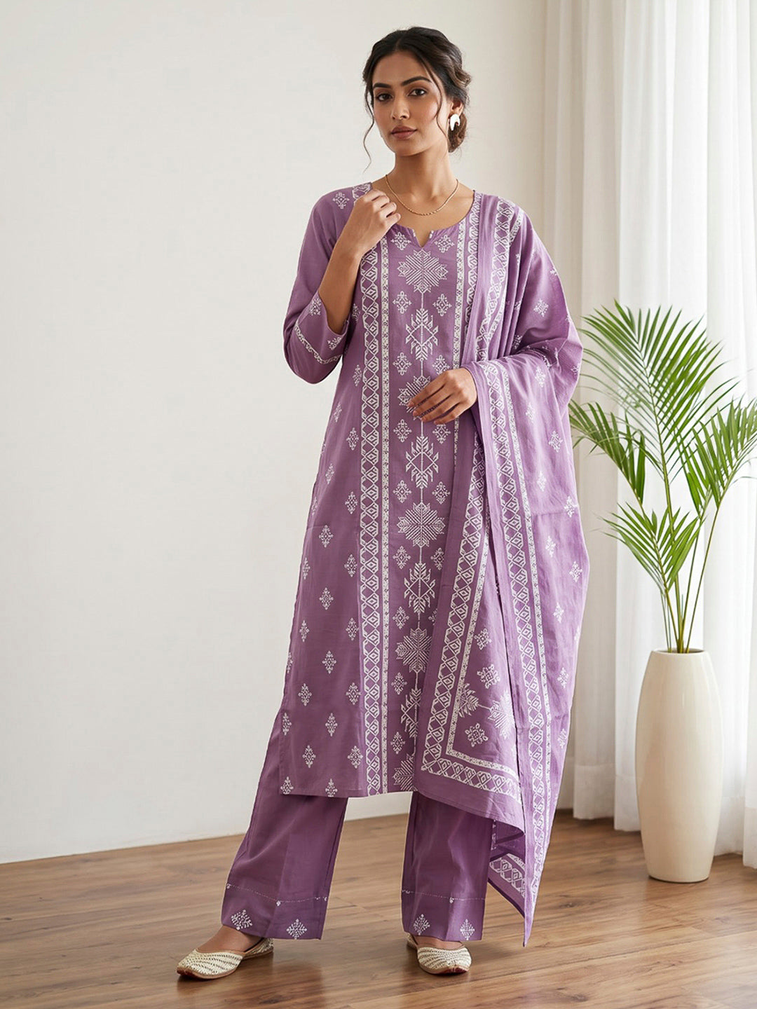 Purple Printed Cotton Blend Kurta With Pant &amp; Dupatta