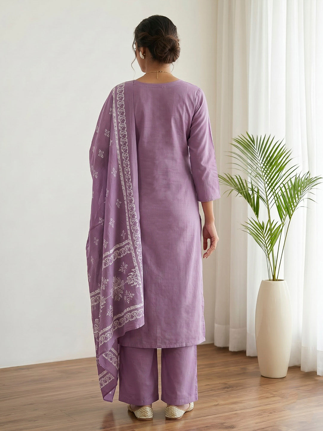 Purple Printed Cotton Blend Kurta With Pant &amp; Dupatta