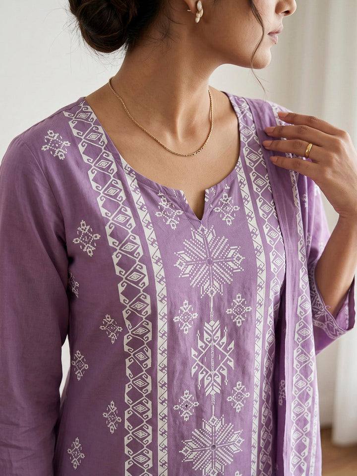 Purple Printed Cotton Blend Kurta With Pant &amp; Dupatta