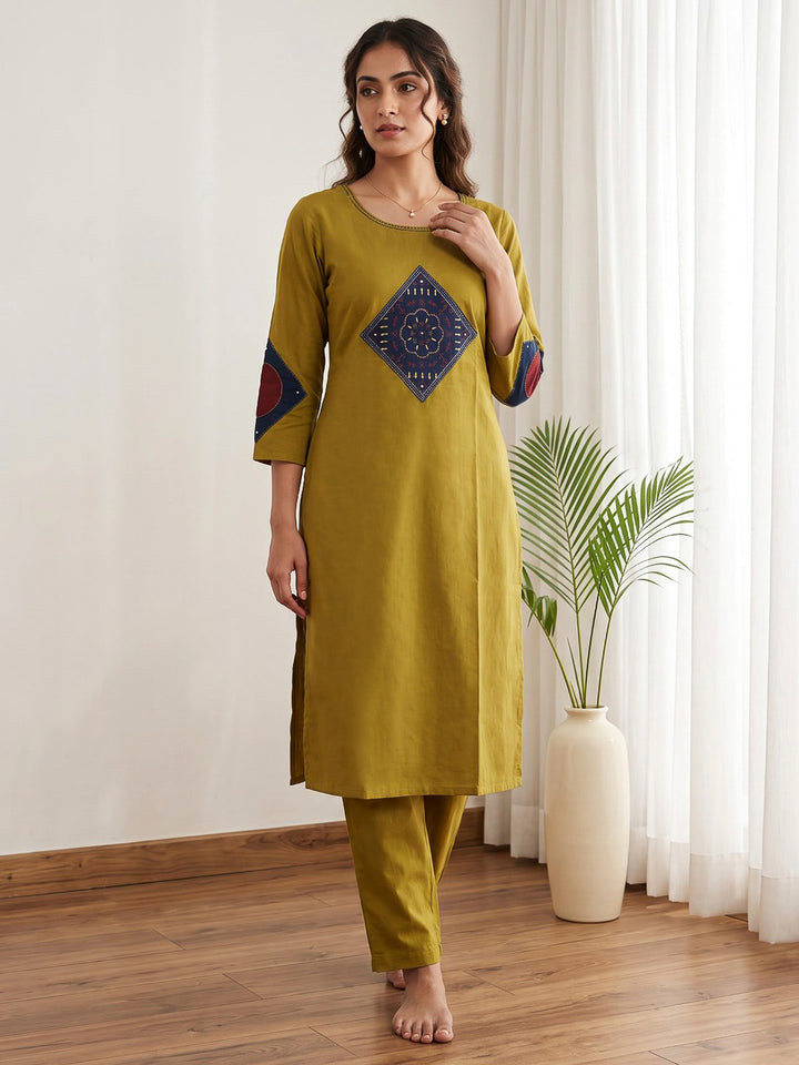 Mustard Embroidered Cotton Blend Kurta Set