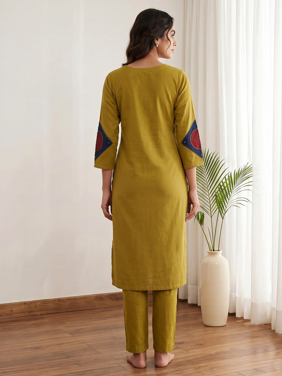Mustard Embroidered Cotton Blend Kurta Set