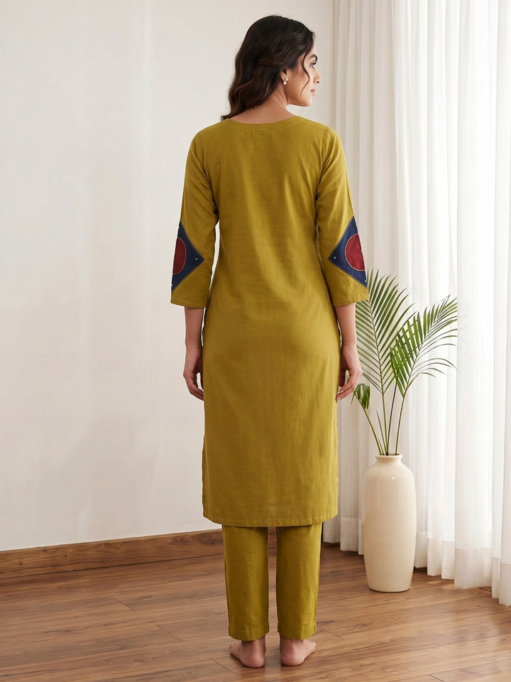 Mustard Embroidered Cotton Blend Kurta Set
