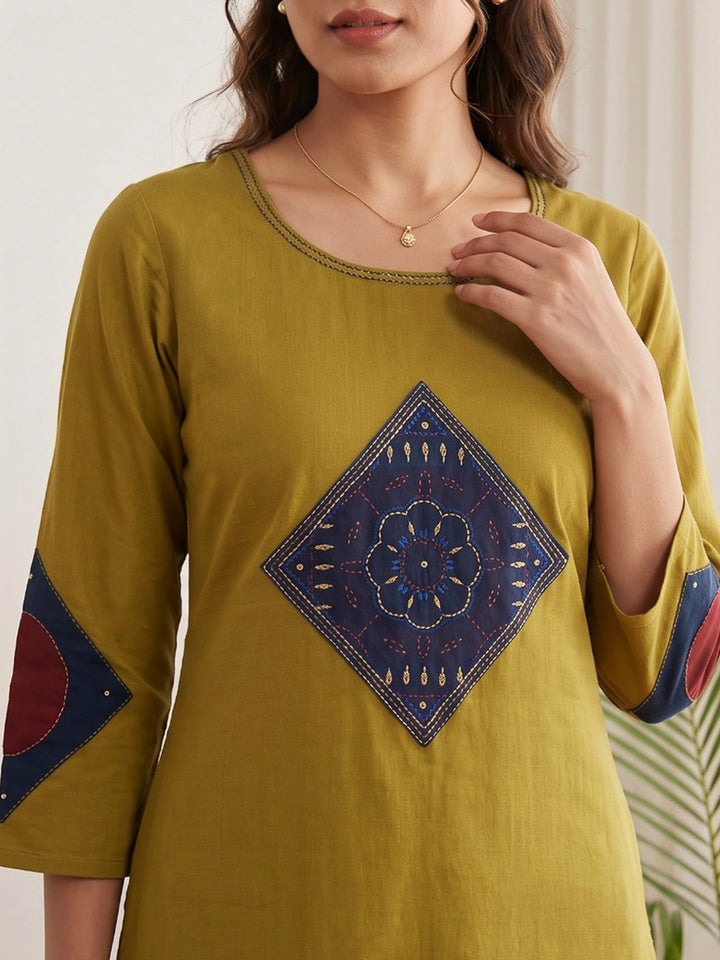 Mustard Embroidered Cotton Blend Kurta Set