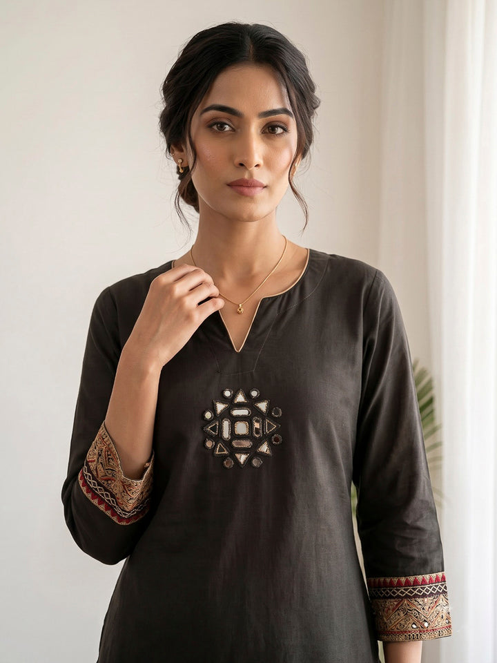 Black Embroidered Cotton Blend Kurta Set