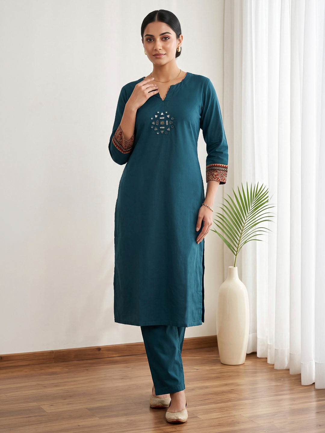 Blue Embroidered Cotton Blend Kurta Set