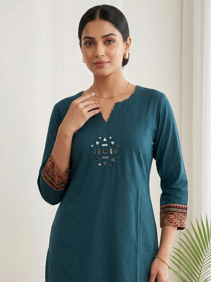 Blue Embroidered Cotton Blend Kurta Set