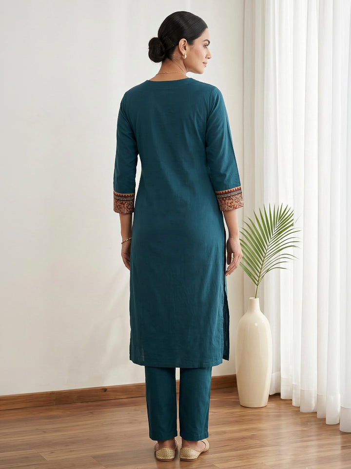 Blue Embroidered Cotton Blend Kurta Set