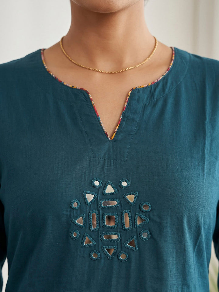 Blue Embroidered Cotton Blend Kurta Set