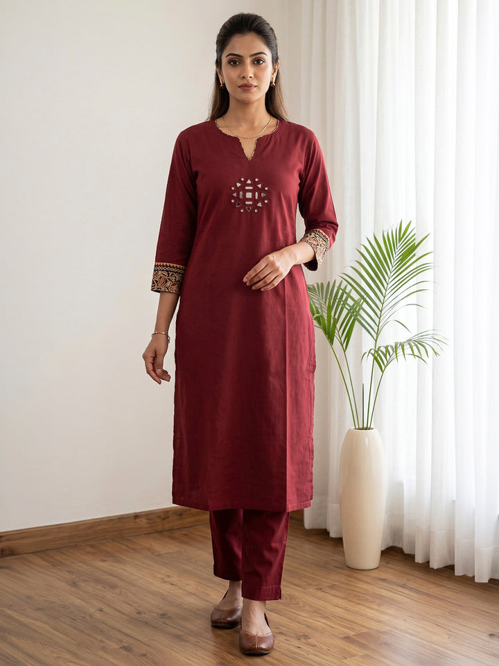 Red Embroidered Cotton Blend Kurta Set
