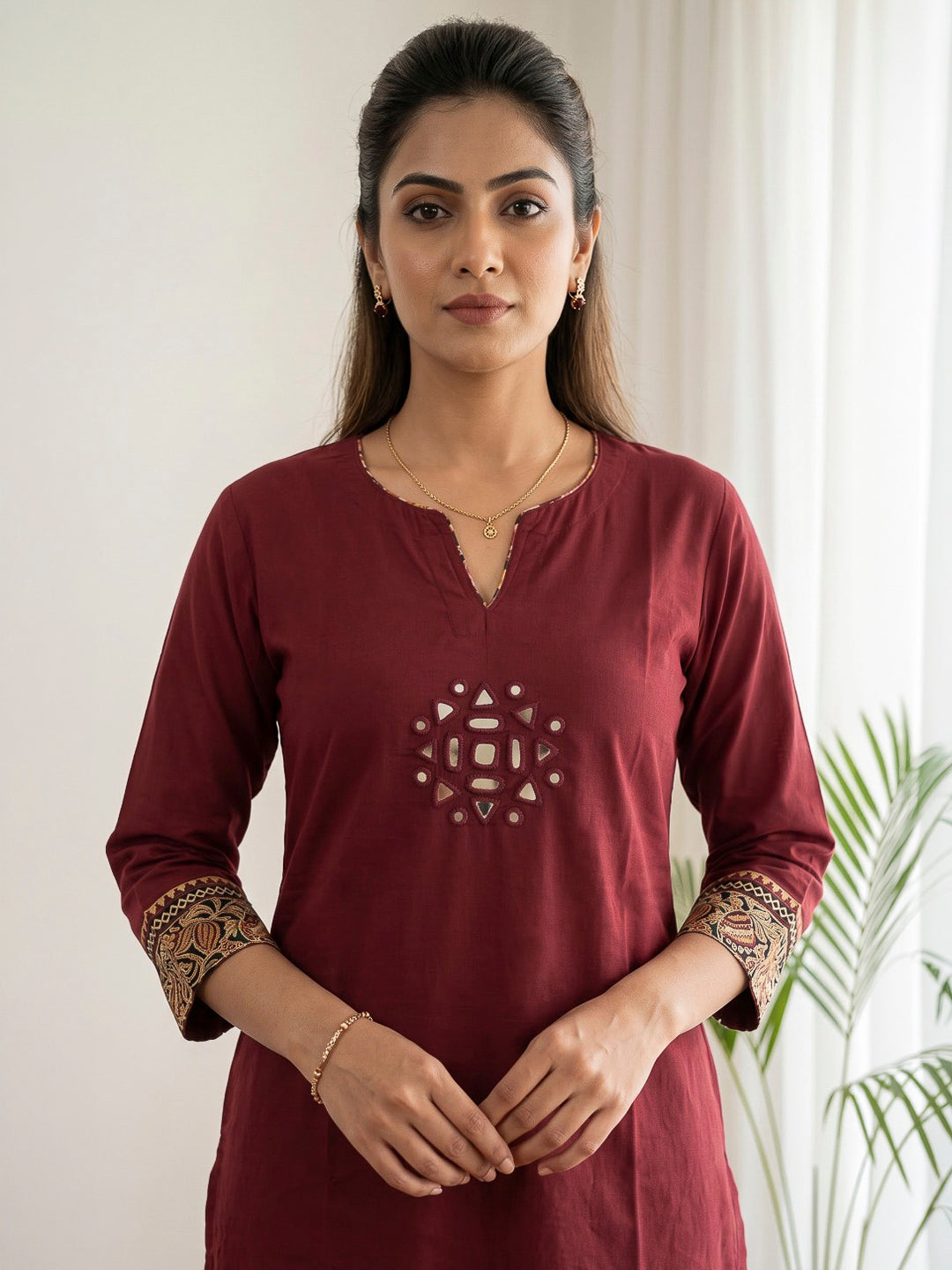 Red Embroidered Cotton Blend Kurta Set