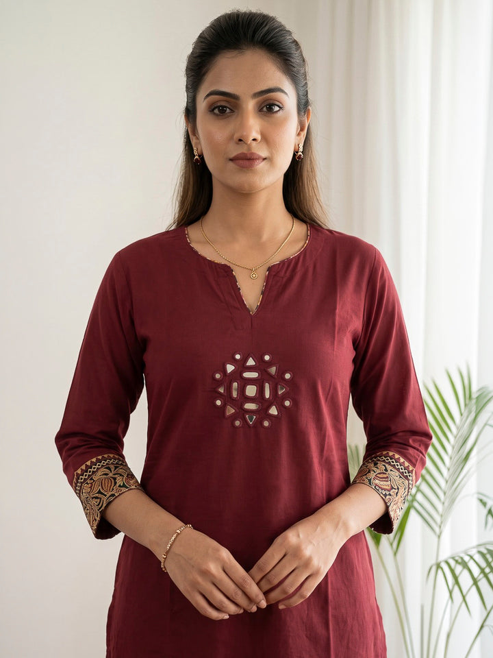 Red Embroidered Cotton Blend Kurta Set