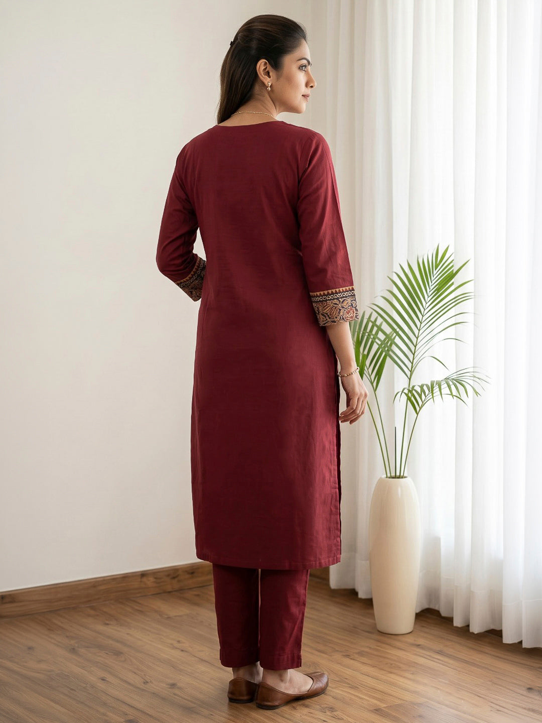 Red Embroidered Cotton Blend Kurta Set
