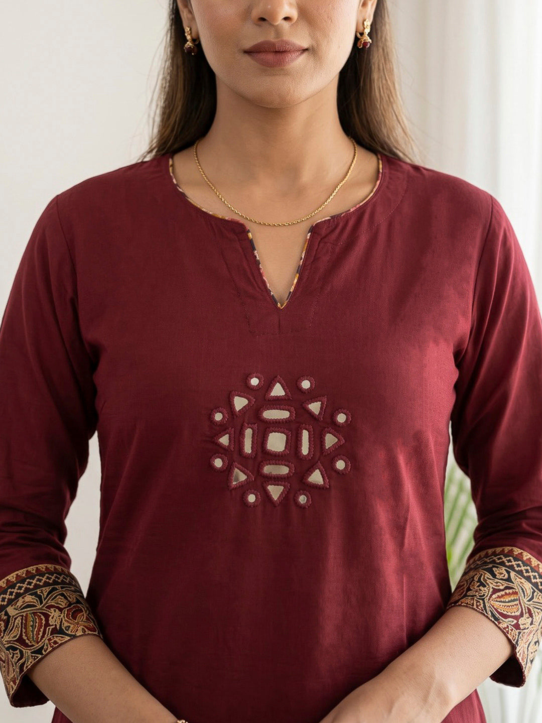 Red Embroidered Cotton Blend Kurta Set