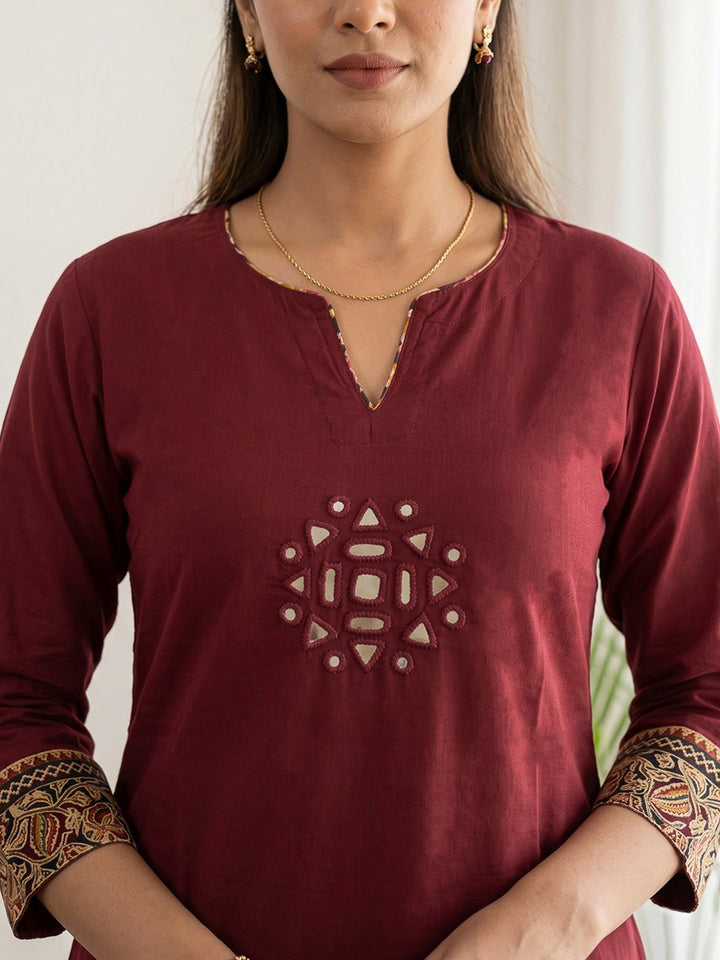 Red Embroidered Cotton Blend Kurta Set