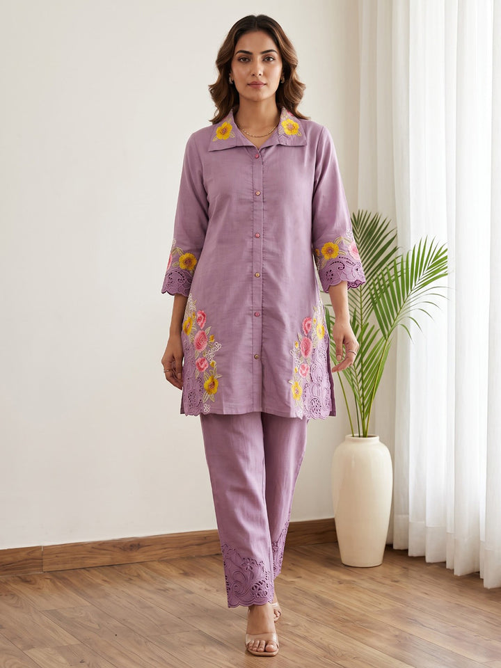 Purple Embroidered Cotton Blend Kurta Set
