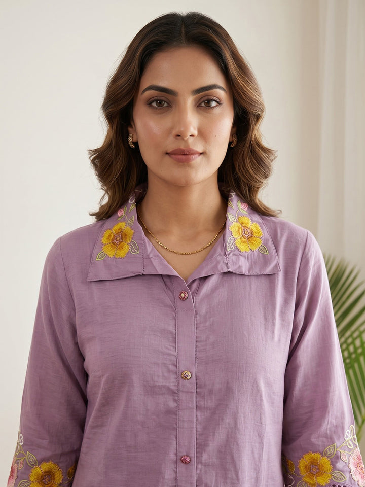 Purple Embroidered Cotton Blend Kurta Set