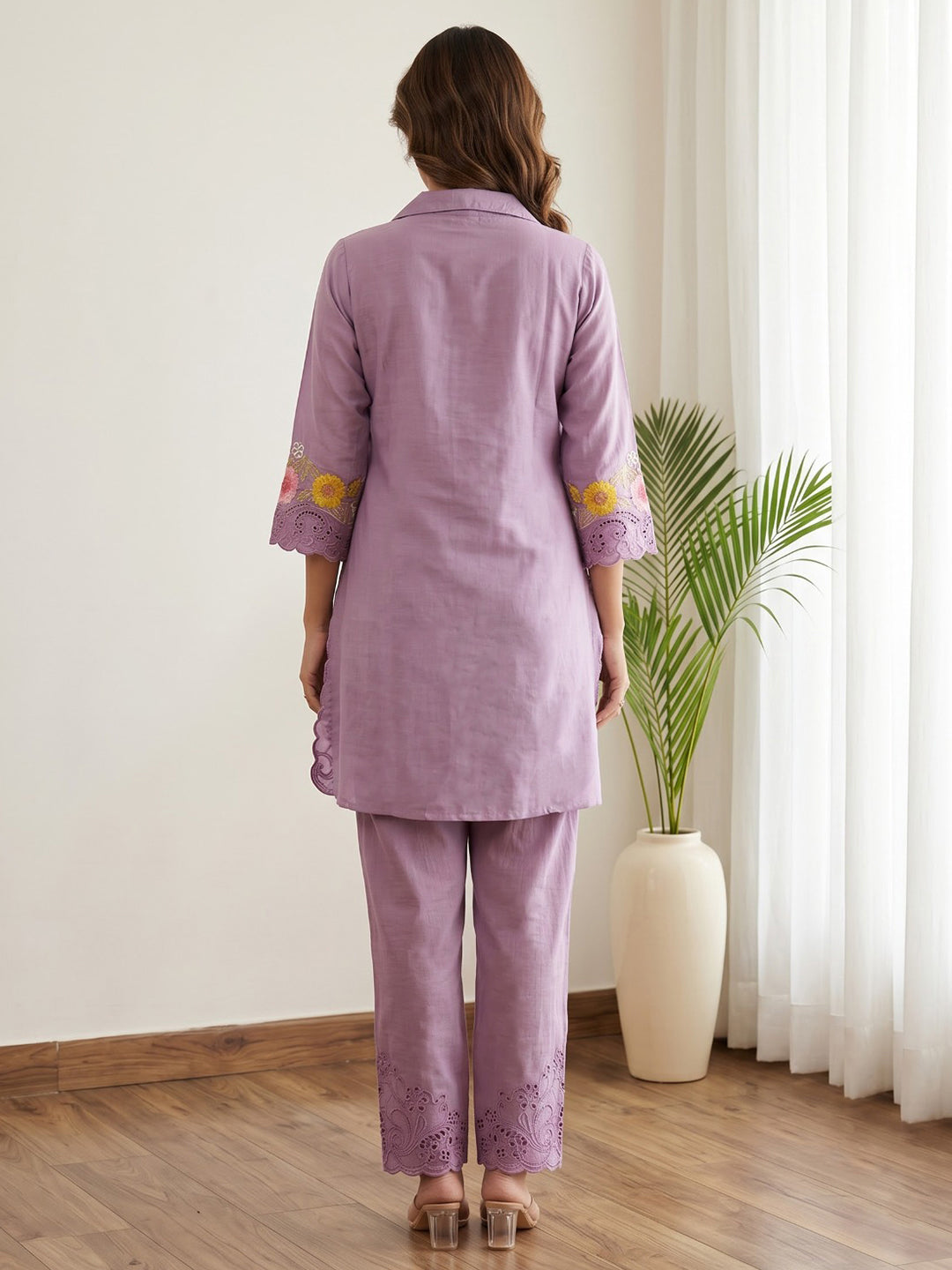 Purple Embroidered Cotton Blend Kurta Set