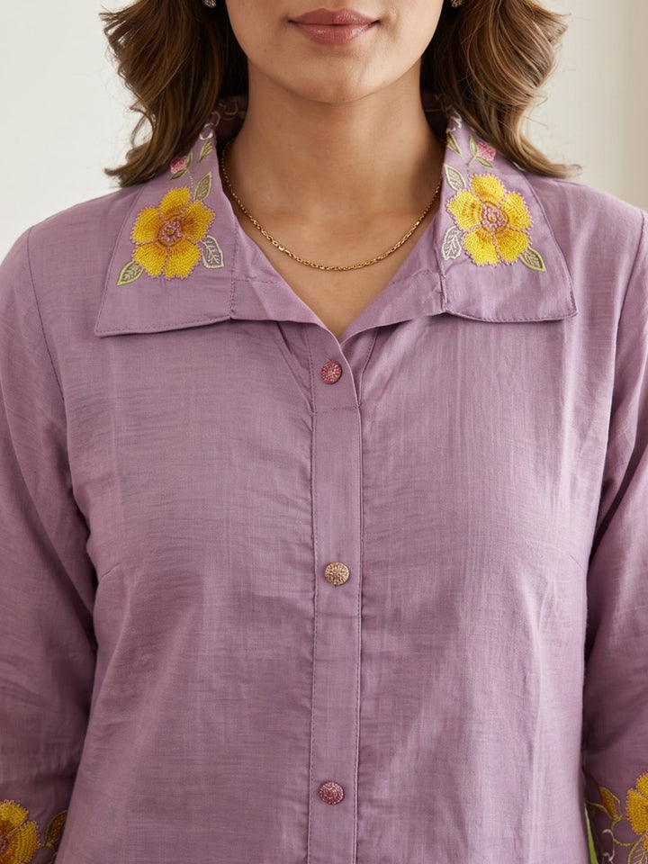 Purple Embroidered Cotton Blend Kurta Set