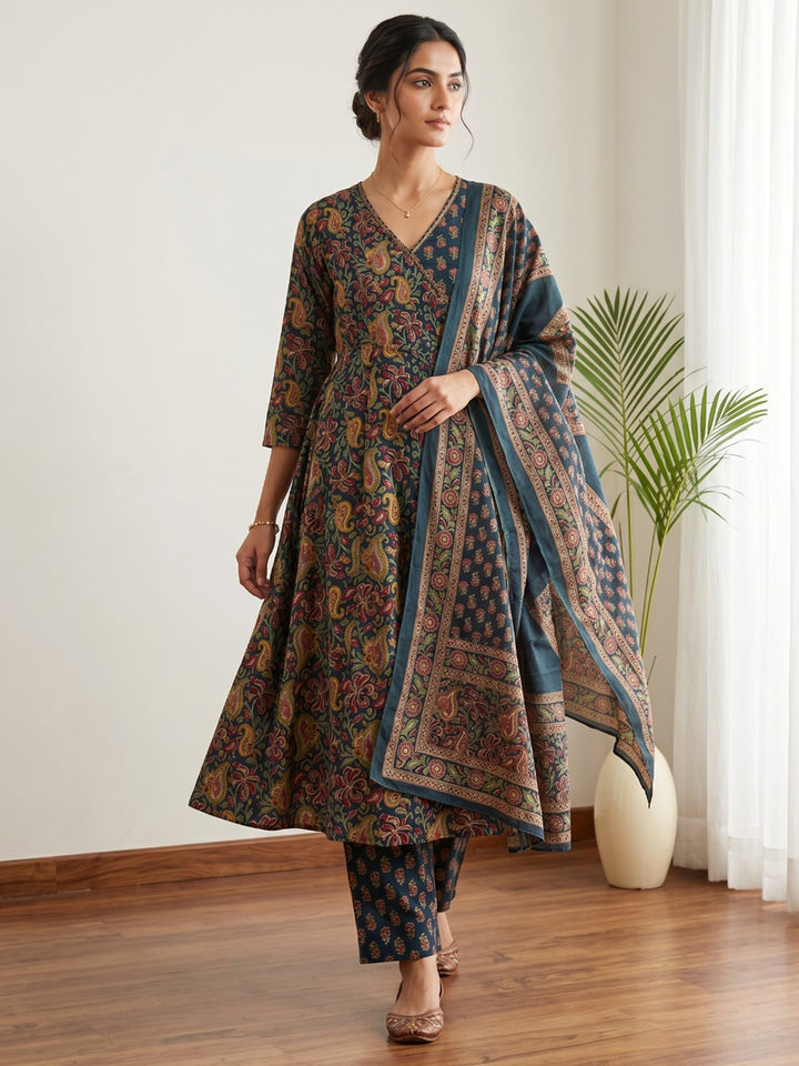 Blue Printed Cotton Blend Kurta With Pant &amp; Dupatta