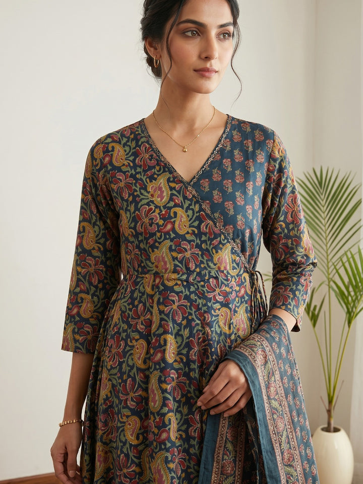 Blue Printed Cotton Blend Kurta With Pant &amp; Dupatta