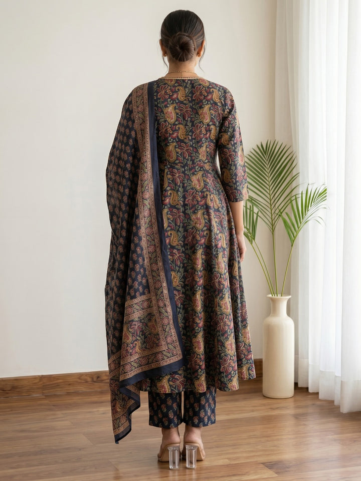 Blue Printed Cotton Blend Kurta With Pant &amp; Dupatta