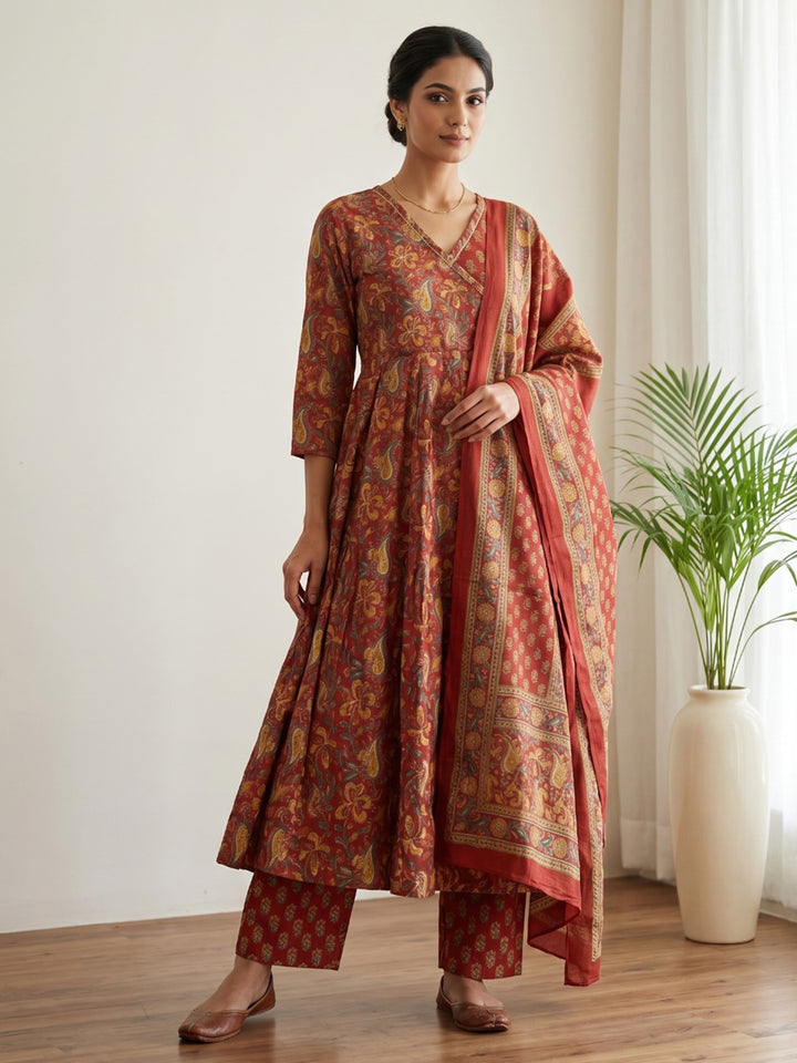 Red Printed Cotton Blend Kurta With Pant &amp; Dupatta